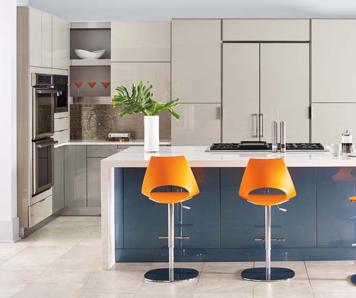 Kitchen Craft Summit contemporary kitchen with dark island and pendant lighting